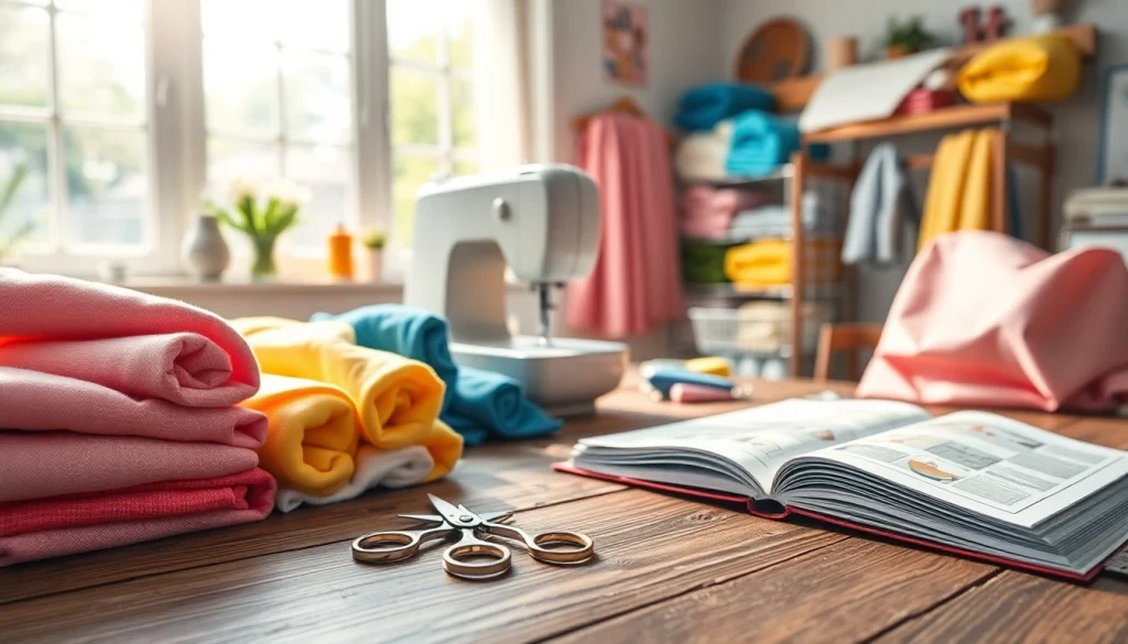 Afbeelding van stoffen voor naaien beginners op een gezellige naaiwerkplek met kleurrijke materialen.