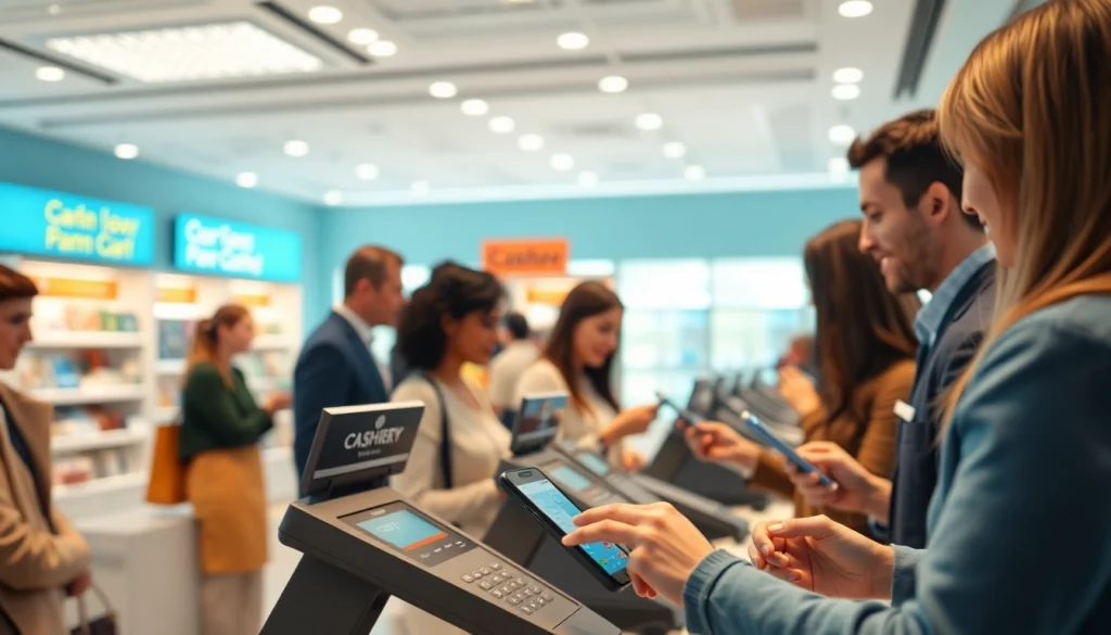モダンな小売店舗で紹介されるキャッシュレス決済オプション。キャッシュレス決済の利便性を強調。