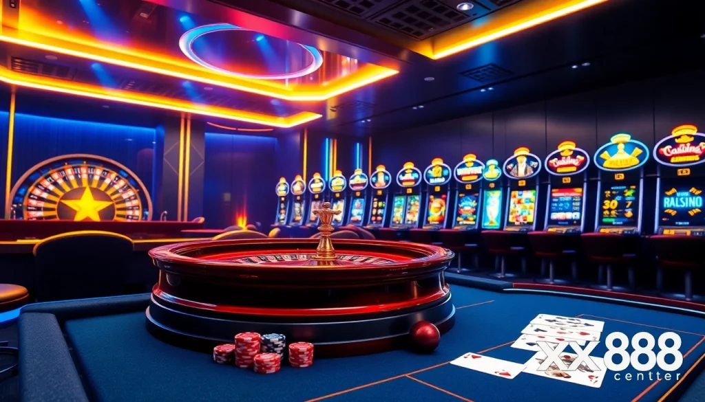 Engage with the thrilling atmosphere at xx88 center, showcasing vibrant casino gaming with roulette and card tables.