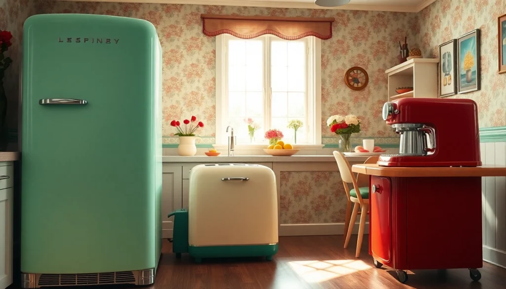 Showcase of Retro Appliance designs in a vibrant kitchen environment with vintage charm.