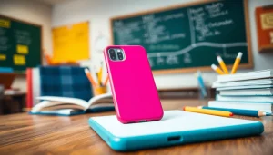 Handytasche Lehrer auf einem Schreibtisch, zeigt die Funktionalität und den Stil der Hülle.