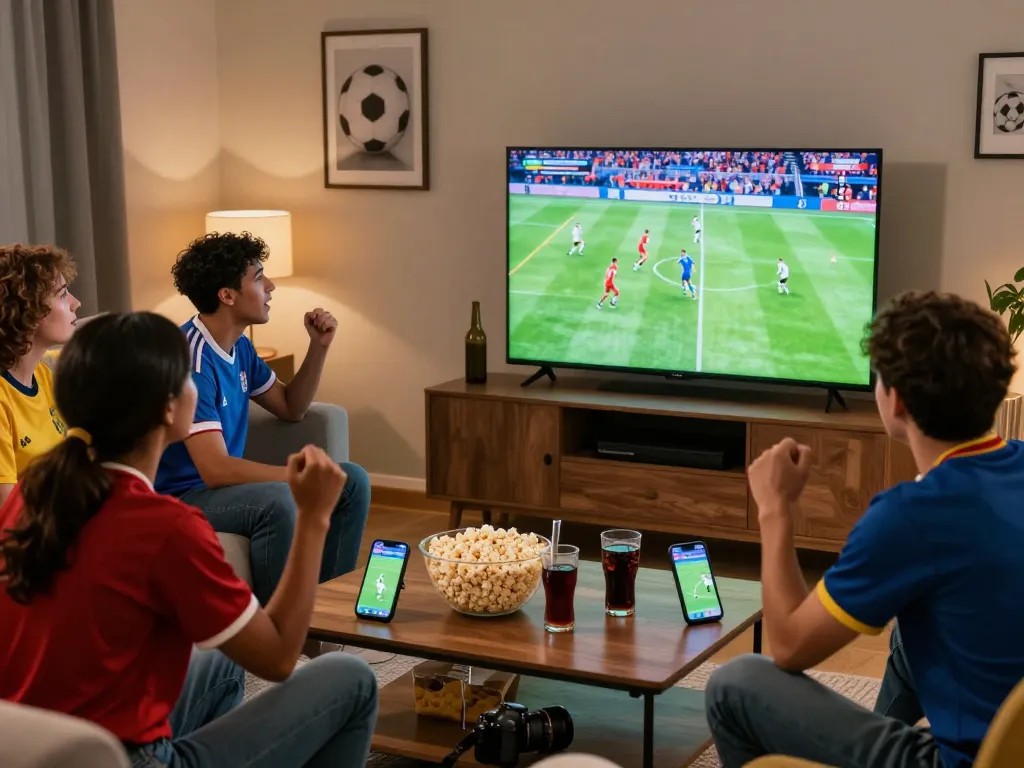 Exciting scene of friends watching trực tiếp bóng đá in a lively living room, displaying vibrant emotions and snacks.