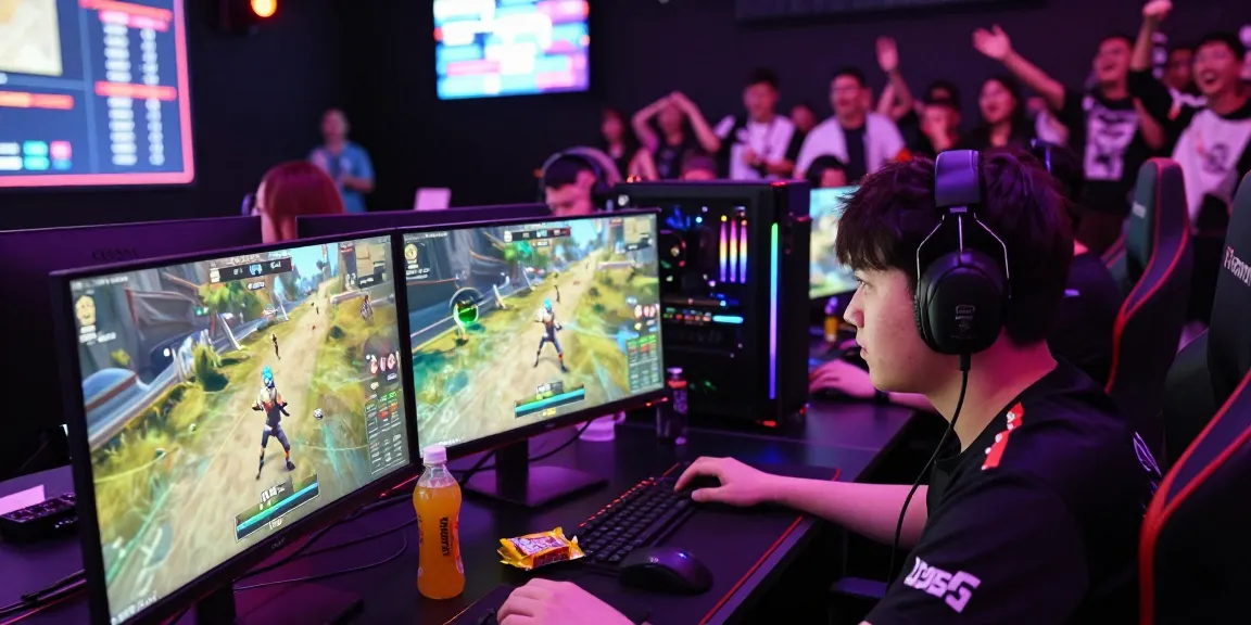 Dynamic eSports arena showcasing gaming action, highlighting player using PROOFCORE.IO for competitive advantage.